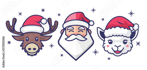 Stylized vector artwork showing Santa Claus, a cheerful reindeer, and a fluffy alpaca, all wearing Santa hats, against a clean white background.