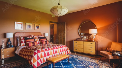 Cozy bedroom with a mix of vintage and modern decor, warm colors, and geometric patterns for a vibrant and inviting atmosphere.