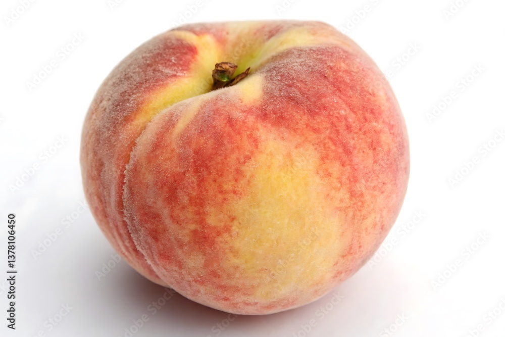 A juicy ripe peach perfectly formed with vibrant red and yellow hues against a bright white backdrop A juicy ripe peach perfectly formed with vibrant red and yellow hues against a bright white backdrop