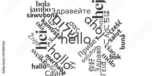 word cloud features "hello" in multiple languages, showcasing global greetings. Ideal for projects related to diversity, language, communication, travel, and international connections.