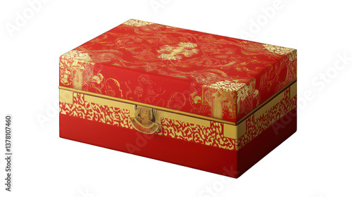 A traditional Chinese red gift box with gold accents, perfect for festive occasions on a transparent background 