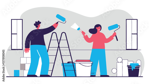 A young couple enthusiastically paints the walls in their new apartment, creating a cozy space. A man stands next to a ladder holding a roller with paint, and a woman happily helps him.