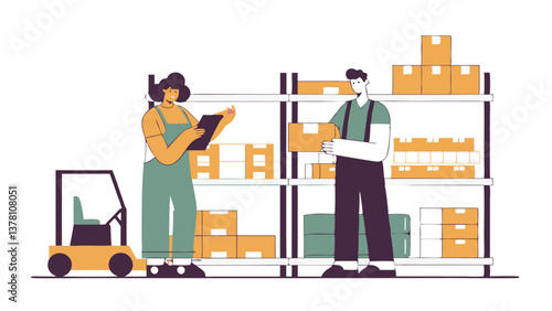 Two employees in the warehouse check the quality of goods and inventory management using a tablet. The work environment is organized for efficient logistics and timely delivery of products.