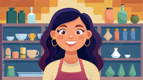 A young female ceramicist with a warm smile stands in her cozy workshop. Beautiful clay products are arranged around her, creating an atmosphere of creativity and comfort.