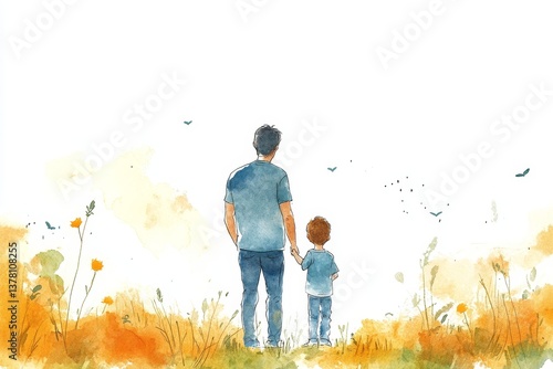 Fathers' Day card with cute watercolor sketch illustration of dad with son standing together, copy space for poster or social media, Generative AI