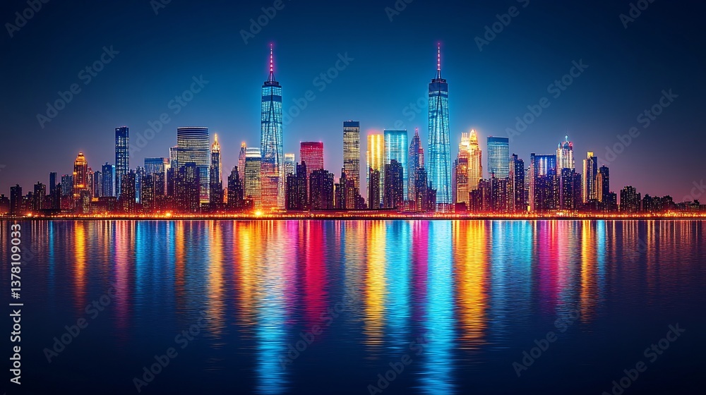 Fototapeta premium Night Cityscape Reflection Vibrant Lights of excellence in splendor beyond compare with grace