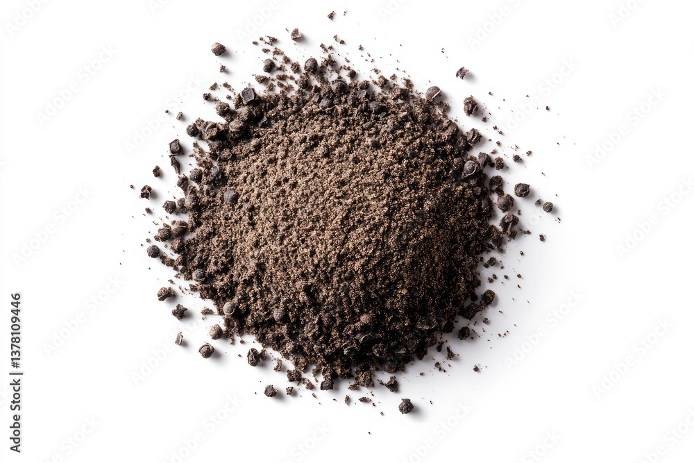 Black pepper powder isolated on white background. AI generated illustration. Black pepper powder isolated on white background. AI generated illustration.