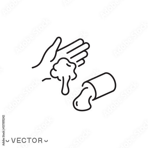 slime icon, sticky substance in hand, thin line symbol concept isolated on white background, editable stroke eps 10 vector illustration