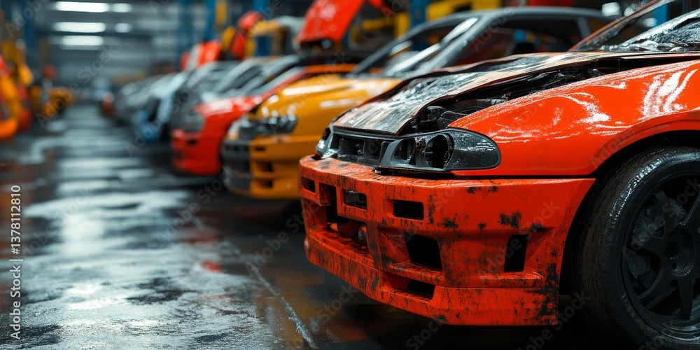 Fototapeta premium Damaged Cars For Sale, Wrecked Vehicles in Junkyard, Total Loss Auction, Beyond Repair