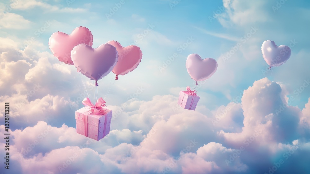 Fototapeta premium A Box flying on a parachute with pink cloud in valentine day,package flying down from sky and cloud with parachute, concept for delivery service,shopping online,air delivery service.