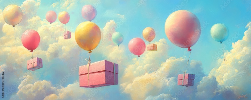 Naklejka premium A Box flying on a parachute with pink cloud in valentine day,package flying down from sky and cloud with parachute, concept for delivery service,shopping online,air delivery service.