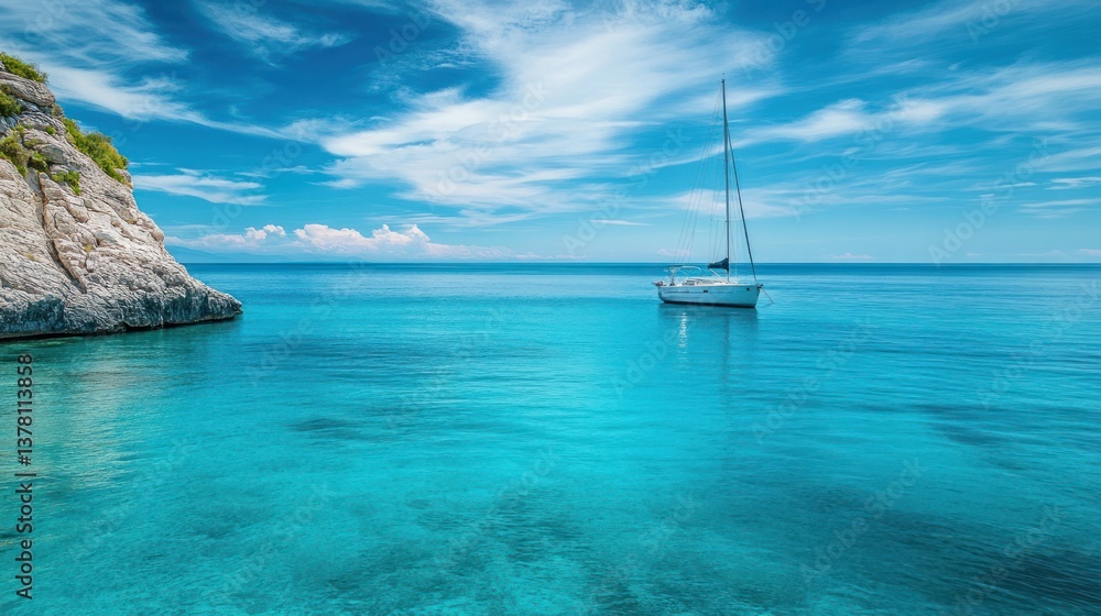 Fototapeta premium A sailboat floats peacefully on calm turquoise colored ocean water
