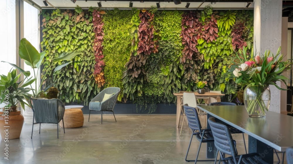 Obraz premium Lush greenery flourishes indoors, transforming a modern workspace into a vibrant, eco-friendly environment. Relaxing atmosphere.