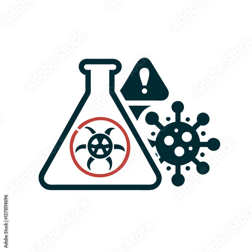 Virus warning and lab flask icon in flat biohazard style
