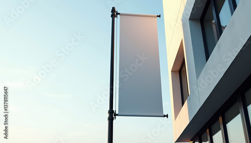 Wallpaper Mural Flag banner mockup. Blank flag banner template on pole — vertical white banner mockup displayed in urban environment with minimal architecture and clear sky. Torontodigital.ca