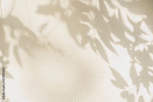 Leaf shadow and light on wall beige background. Nature tropical gray leaves plant and tree branch shade with sunlight on wall texture for background wallpaper and design, shadow overlay effect