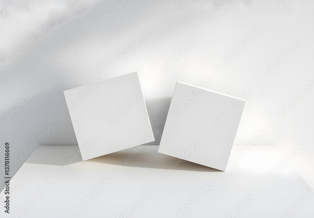 Fototapeta premium Two blank white square boxes positioned on a clean surface for product mockups or design presentations&nbsp;