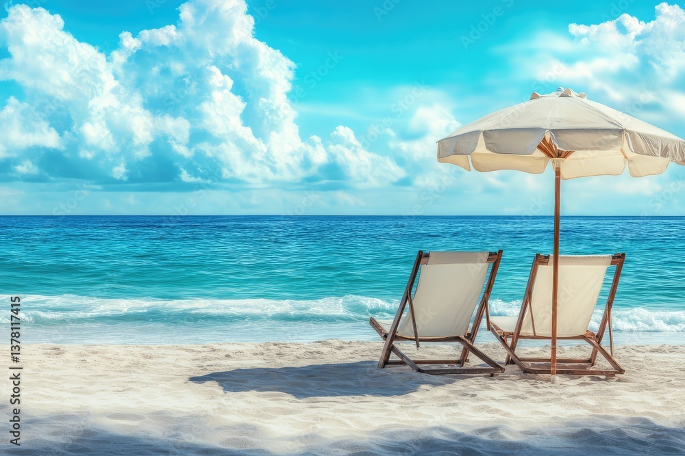 Chairs and umbrella on tropical beach with seascape view. AI generated illustration. Chairs and umbrella on tropical beach with seascape view. AI generated illustration.