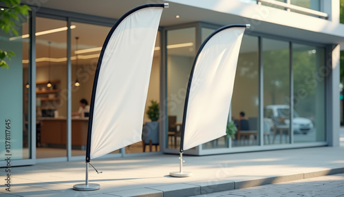 Wallpaper Mural Flag banner mockup. Blank teardrop flag banner mockup on city sidewalk with autumn trees and glass building background. Torontodigital.ca