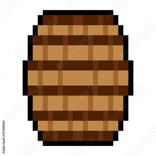 Wooden barrel with pixel art isolated on white background