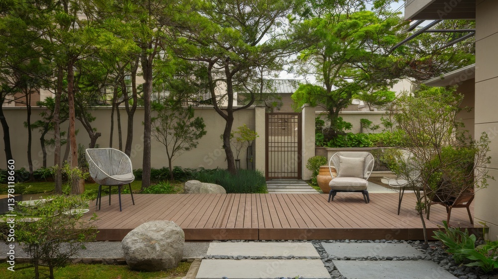 Fototapeta premium Outdoor Relaxation Space: Tranquil seating area with wooden deck, lush greenery, and a serene, inviting ambiance for peaceful moments.