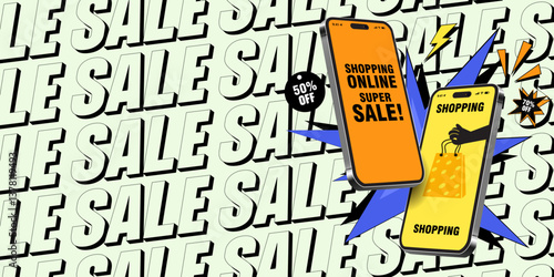 Trendy Online Shopping Sale Promotion with Smartphones and Discount Offers in Pop Art Style