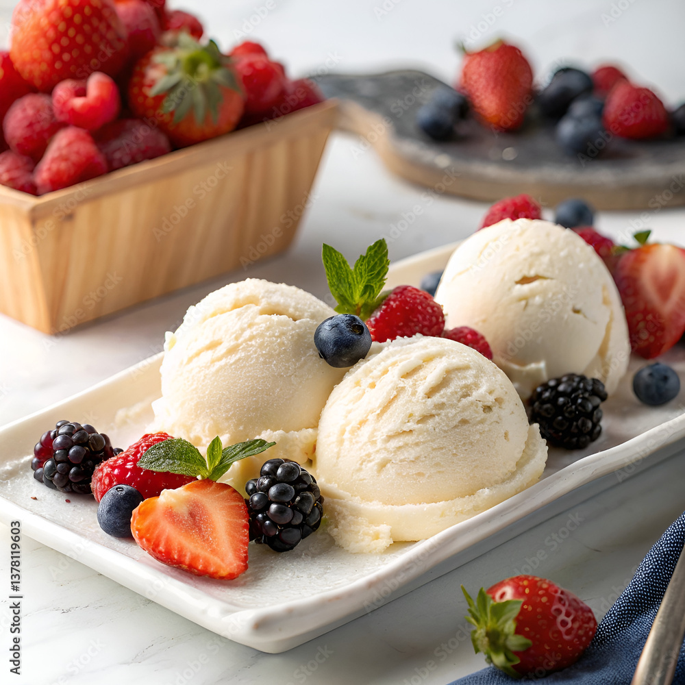 A plate with three scoops of vanilla ice cream garnished with fresh strawberries, blueberries, raspberries, and blackberries, A plate with three scoops of vanilla ice cream garnished with fresh strawberries, blueberries, raspberries, and blackberries,