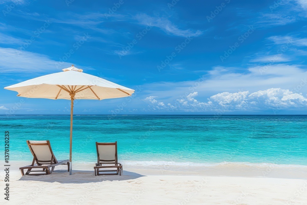 Chairs and umbrella on tropical beach with seascape view. AI generated illustration. Chairs and umbrella on tropical beach with seascape view. AI generated illustration.