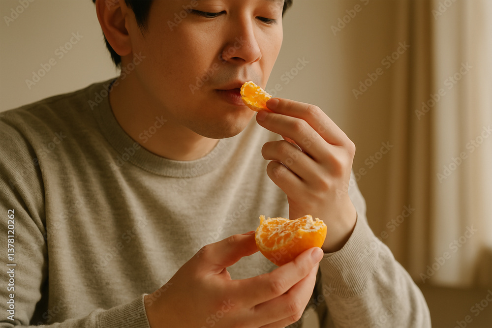 日本人男性がミカンをむきながら食べる 日本人男性がミカンをむきながら食べる