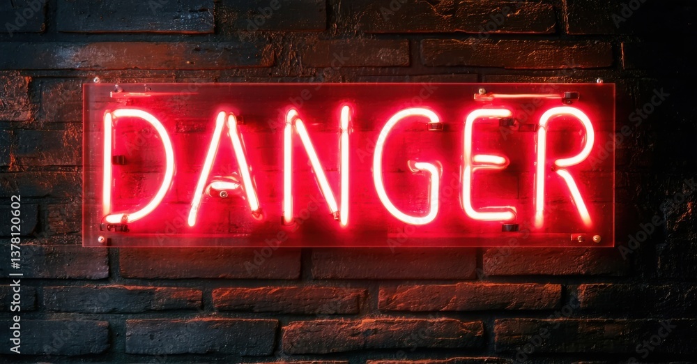 Fototapeta premium Glowing red neon sign reading danger mounted on dark industrial brick wall deep navy and bright red symbolizing warning and caution
