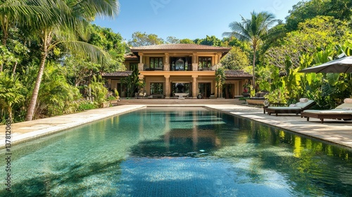 Wallpaper Mural A sprawling luxury villa with a dramatic, rectangular swimming pool, framed by lush tropical foliage. Torontodigital.ca
