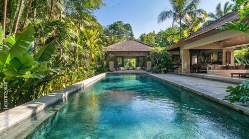 Wallpaper Mural A sprawling luxury villa with a dramatic, rectangular swimming pool, framed by lush tropical foliage. Torontodigital.ca