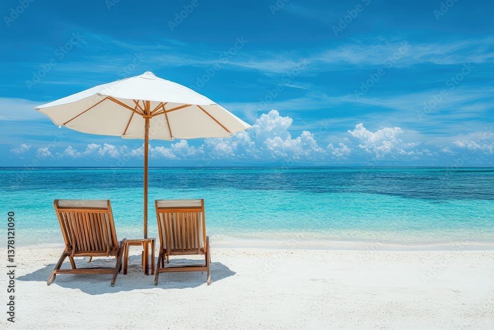 Obraz premium Chairs and umbrella on tropical beach with seascape view. AI generated illustration.