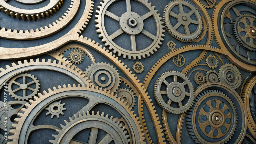 Abstract background of many metal gears and cogwheels intertwined into a complex mechanism.
Abstract background of many metal gears and cogwheels intertwined into a complex mechanism.