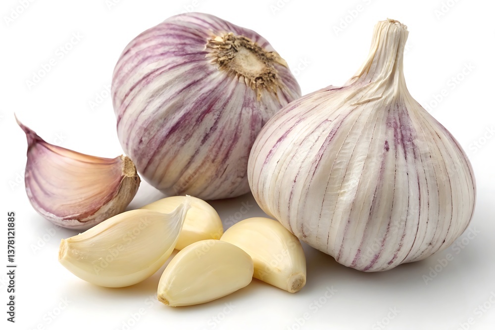 Fototapeta premium Fresh garlic bulbs and cloves vibrant purple and white stripes isolated on a bright white background
