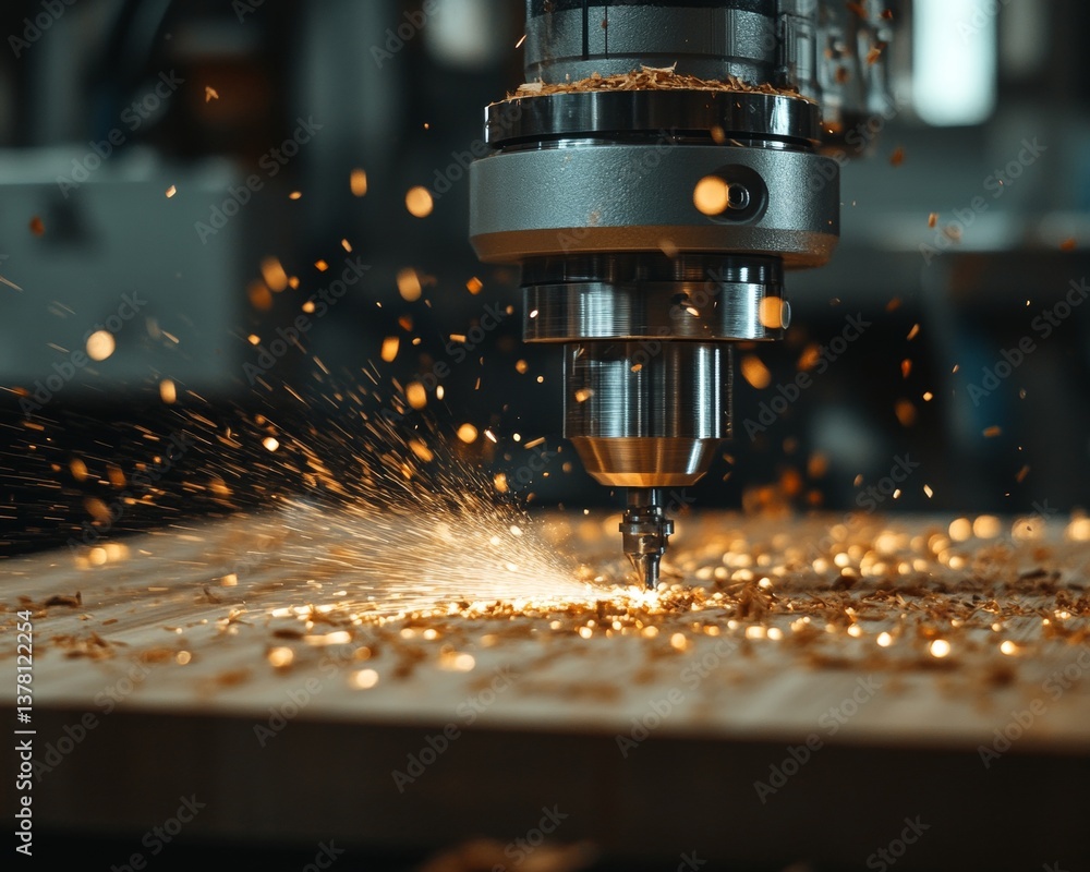 Industrial CNC Router Cutting Wood Motion Blur Action Shot with Flying Sawdust and Sparks Industrial CNC Router Cutting Wood Motion Blur Action Shot with Flying Sawdust and Sparks
