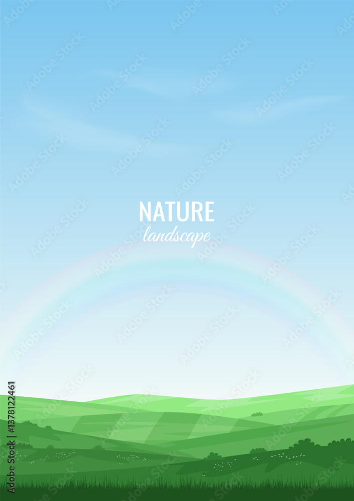 Naklejka premium Summer landscape with green hills. Agricultural field with bushes. Rainbow in the blue sky. Warm sunny day. Background design, wallpaper, postcards, covers. Vector illustration.