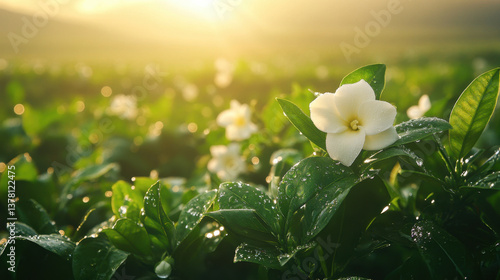 beautiful gardenia flower blooms amidst lush green leaves, glistening with morning dew. soft sunlight creates serene atmosphere, enhancing natural beauty of scene
