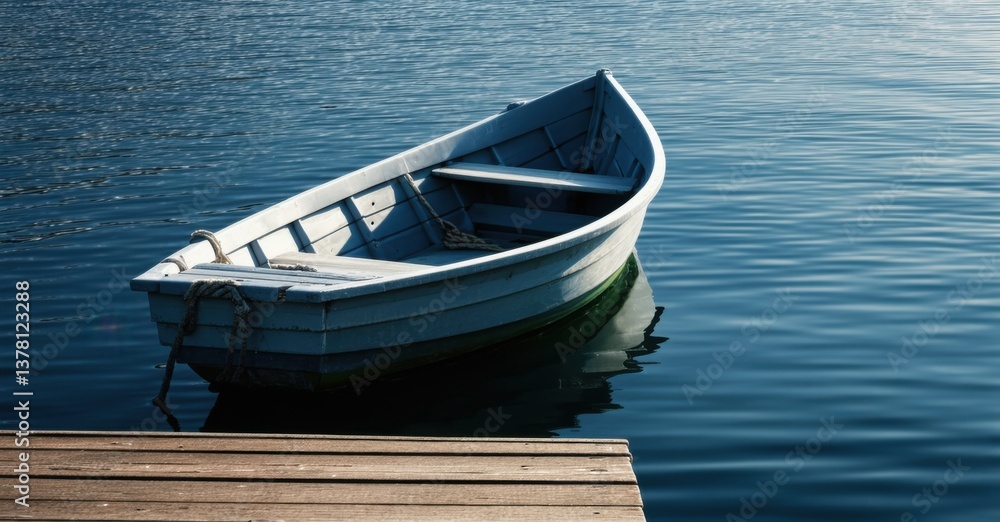 Lone rowboat tied to small wooden dock deep navy and muted silver symbolizing quiet moments by water Lone rowboat tied to small wooden dock deep navy and muted silver symbolizing quiet moments by water