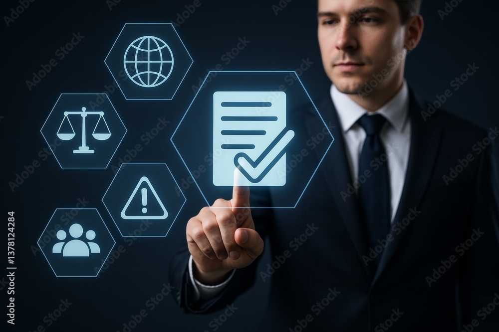 Digital Compliance and Security in Business Management A Professional Man Interacting with Data and Legal Symbols Digital Compliance and Security in Business Management A Professional Man Interacting with Data and Legal Symbols