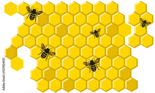 Bees on a honeycomb cells, insects on colorful hexagon shaped cells creating honey, delicious healthy sweet food concept