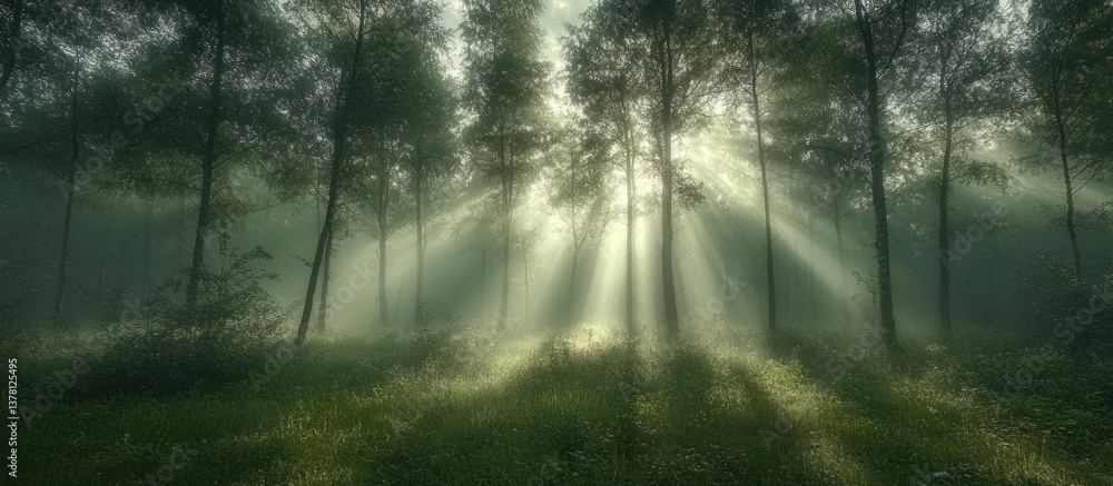 Naklejka premium Sunbeams in misty forest; nature wallpaper