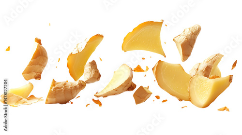 Flying sliced ginger root pieces on white or transparent background.