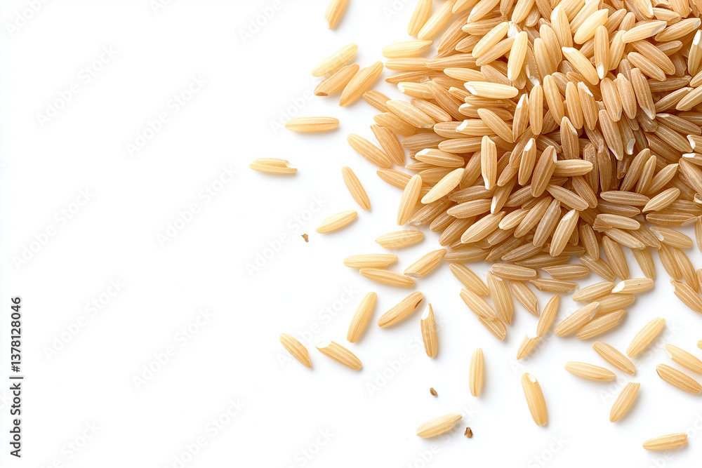 Obraz premium Close-up top view of scattered brown rice grains on a white background, highlighting the natural texture and earthy tones of the rice for food photography or culinary design