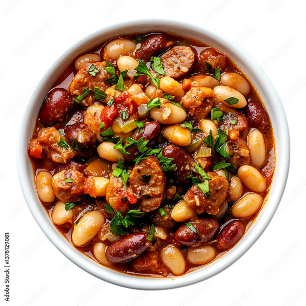 Bowl of beans with sausages side view isolated against a transparent background for comfort food promotions, culinary recipes, or hearty meal marketing Bowl of beans with sausages side view isolated against a transparent background for comfort food promotions, culinary recipes, or hearty meal marketing