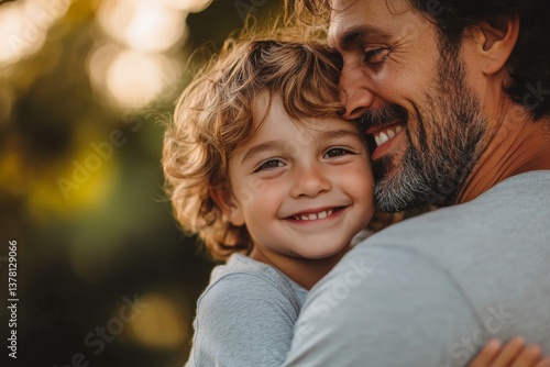 Father, bonding kiss and boy child hug happy in nature with quality time together outdoor. Happiness, laughing and family love of a dad and kid in a park enjoying nature hugging with care and a