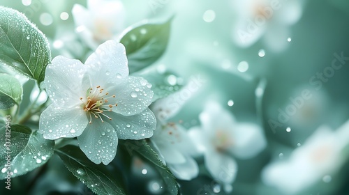 Delicate white cherry blossoms bloom against mint green background with fresh leaves, morning dew, and gentle bokeh effect in ethereal spring composition.