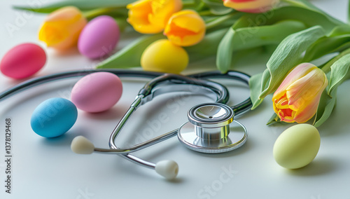Flat Lay Stethoscope with Vibrant Easter Eggs on Light Gray Background – Modern Medical Easter Concept, Copy Space, Top View, Healthcare Celebration