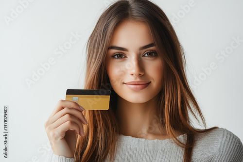 Young Woman Presenting Blank Credit Card - Ultra HD Finance Concept Photo (Copy Space, Mockup Ready)