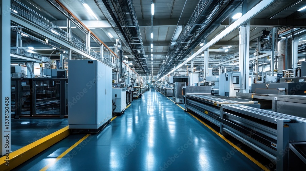 Industrial Factory Interior, Modern Manufacturing Facility with Advanced Machinery and Clean Production Lines Industrial Factory Interior, Modern Manufacturing Facility with Advanced Machinery and Clean Production Lines